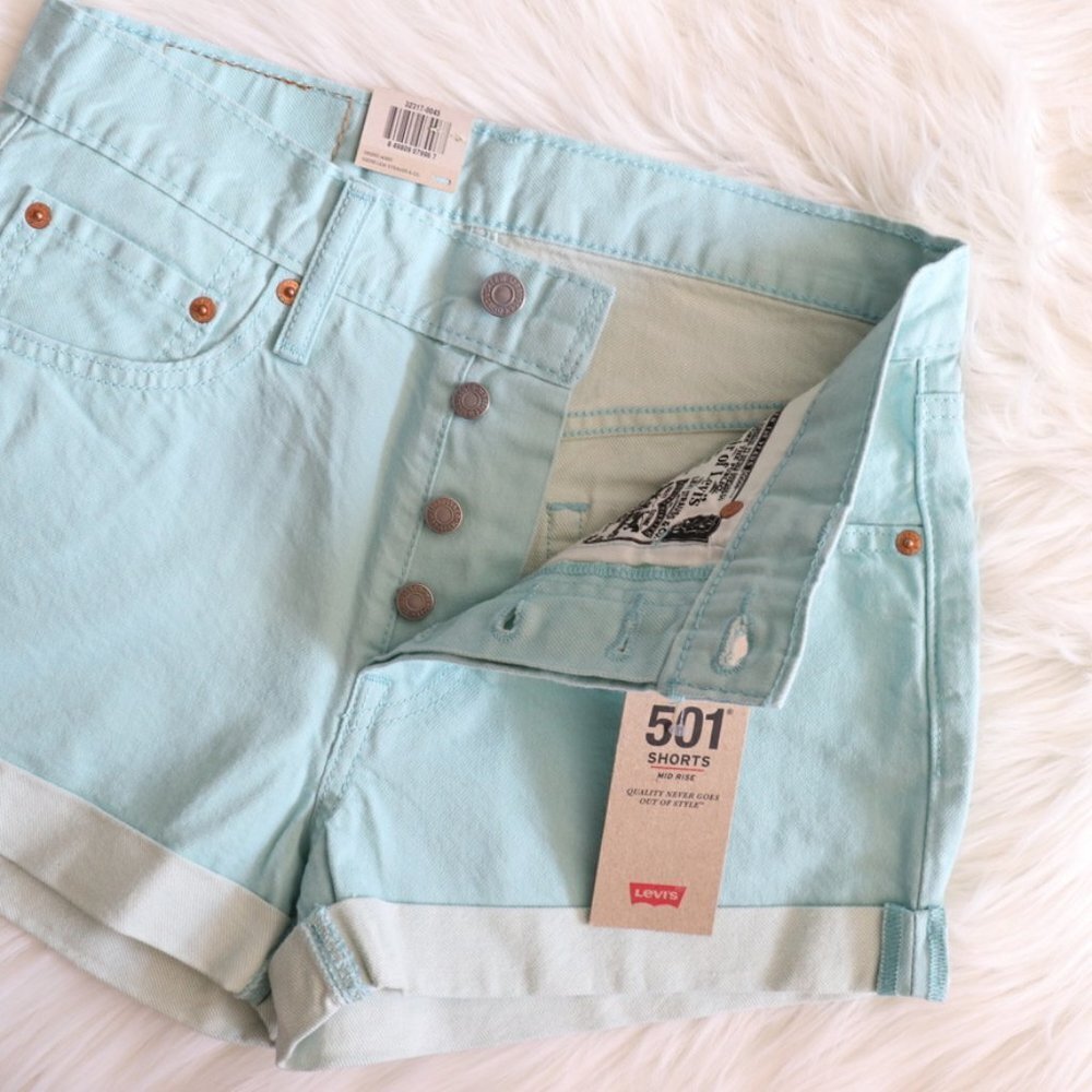 NWT Levi's Denim Shorts 501 Teal Blue Size 27 - Picture 2 of 5
